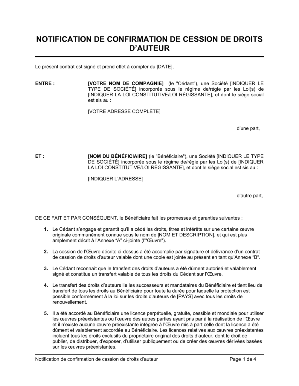 Business-in-a-Box's Notification de confirmation de cession de droits d'auteur