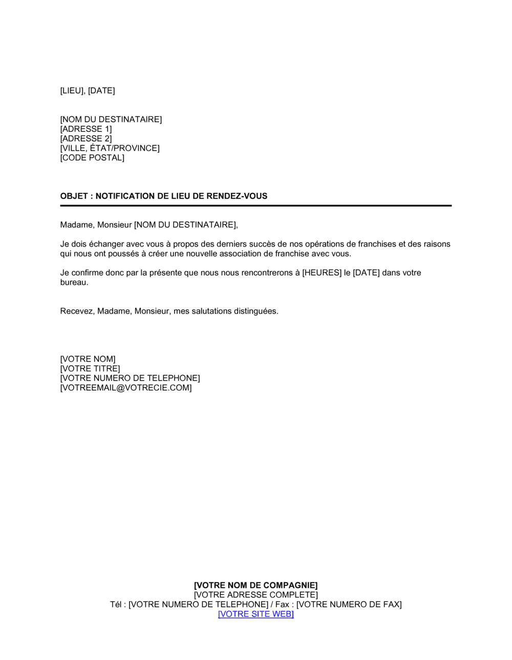 Business-in-a-Box's Notification de confirmation de lieu de rendez-vous