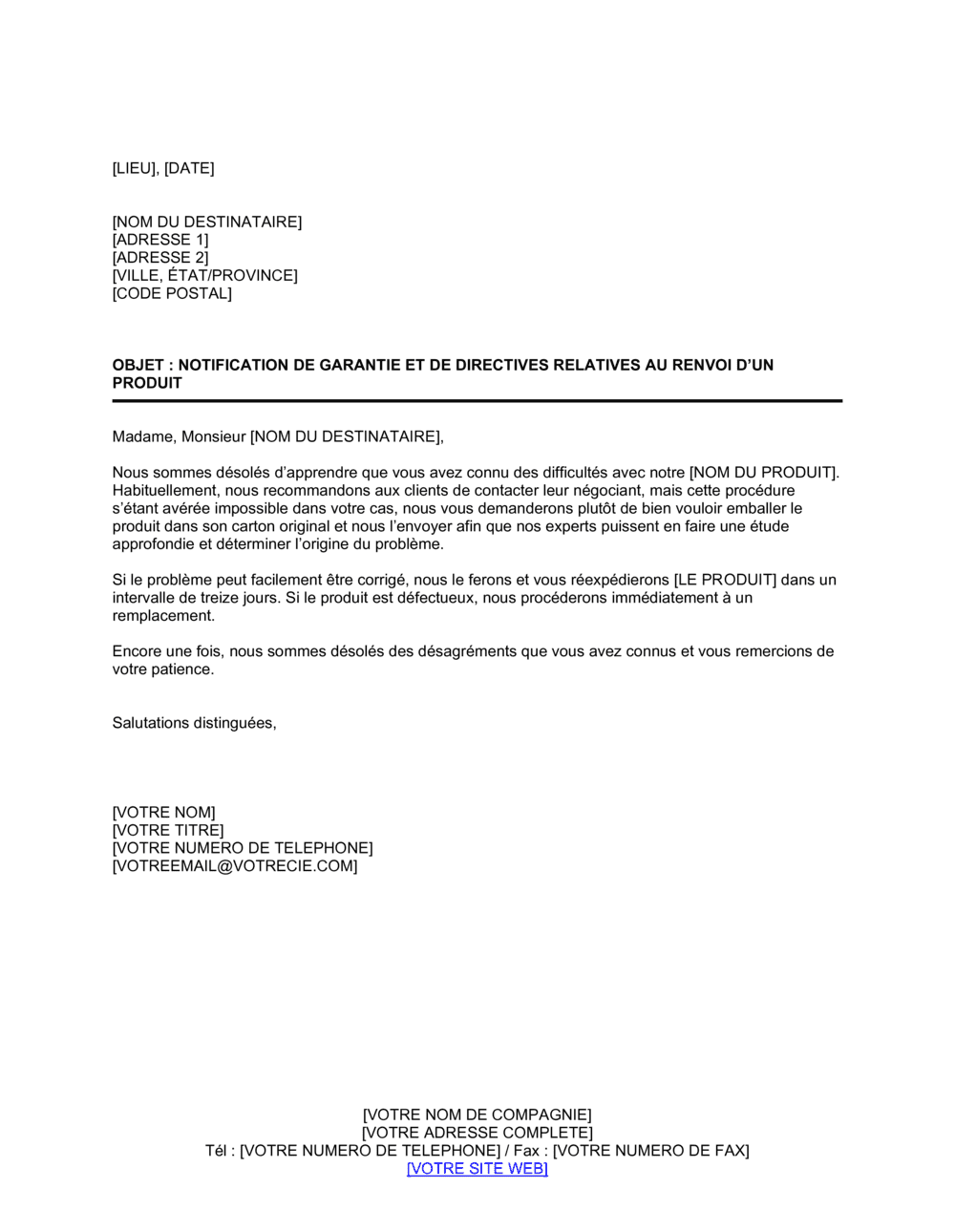 Business-in-a-Box's Notification de directives pour le retour des marchandises rejetées