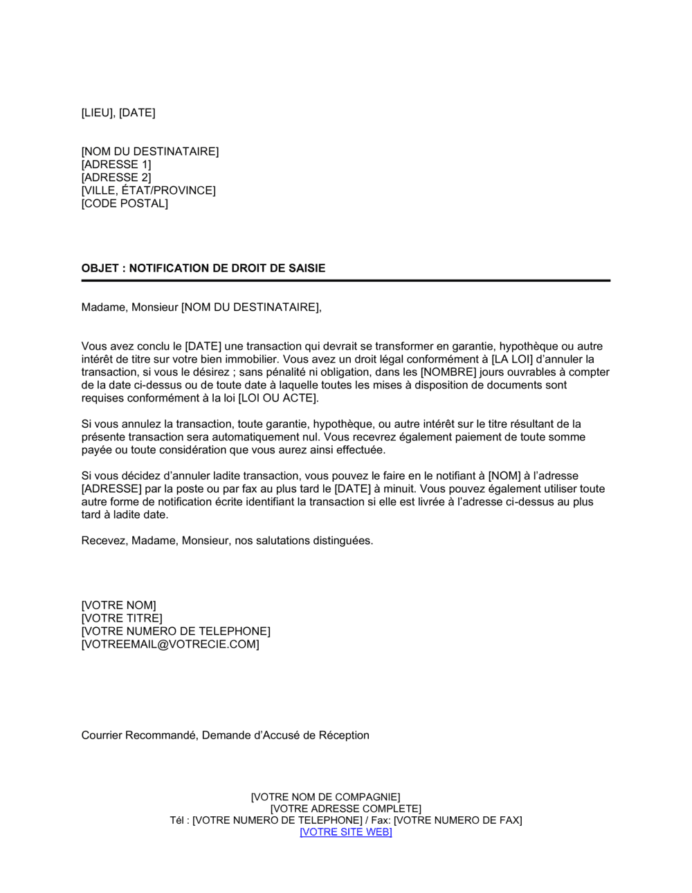 Business-in-a-Box's Notification de droit de saisir