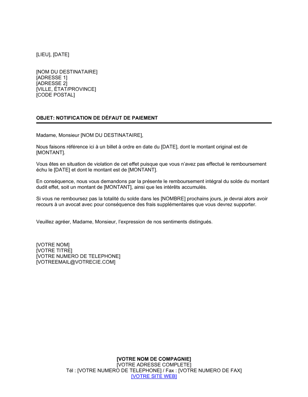 Business-in-a-Box's Notification de défaut de paiement