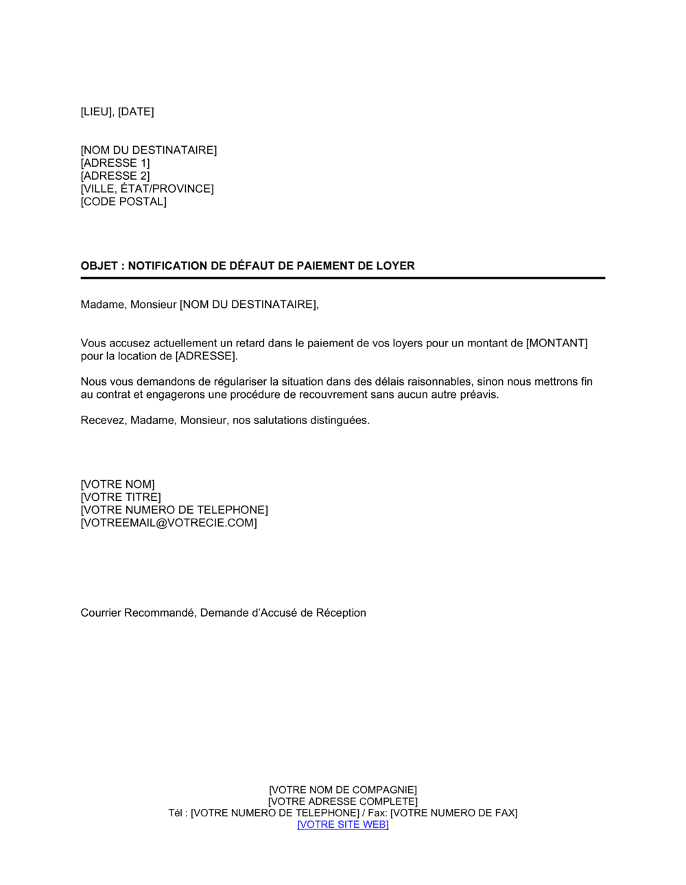 Business-in-a-Box's Notification de défaut de paiement de loyer