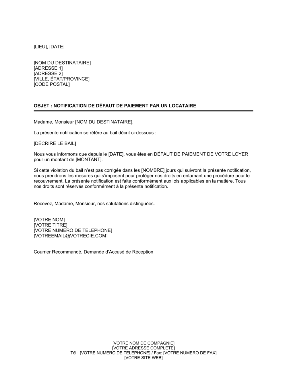 Business-in-a-Box's Notification de défaut de paiement par un locataire