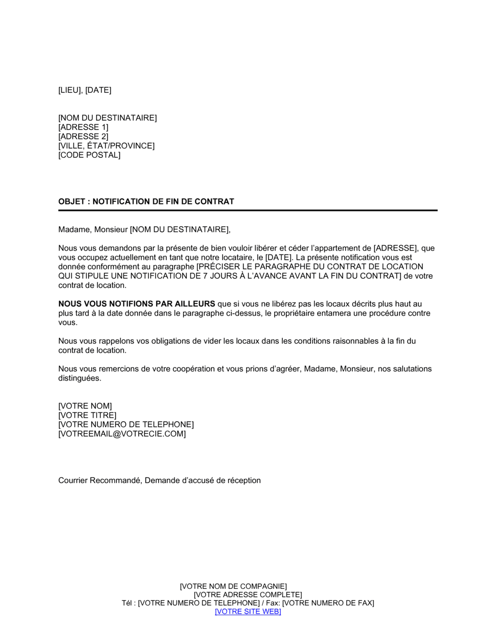 Business-in-a-Box's Notification de fin de contrat de location