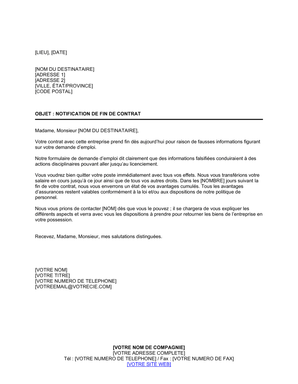 Business-in-a-Box's Notification de fin de contrat pour fausses informations