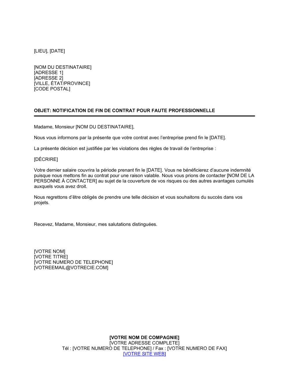 Business-in-a-Box's Notification de fin de contrat pour faute professionnelle