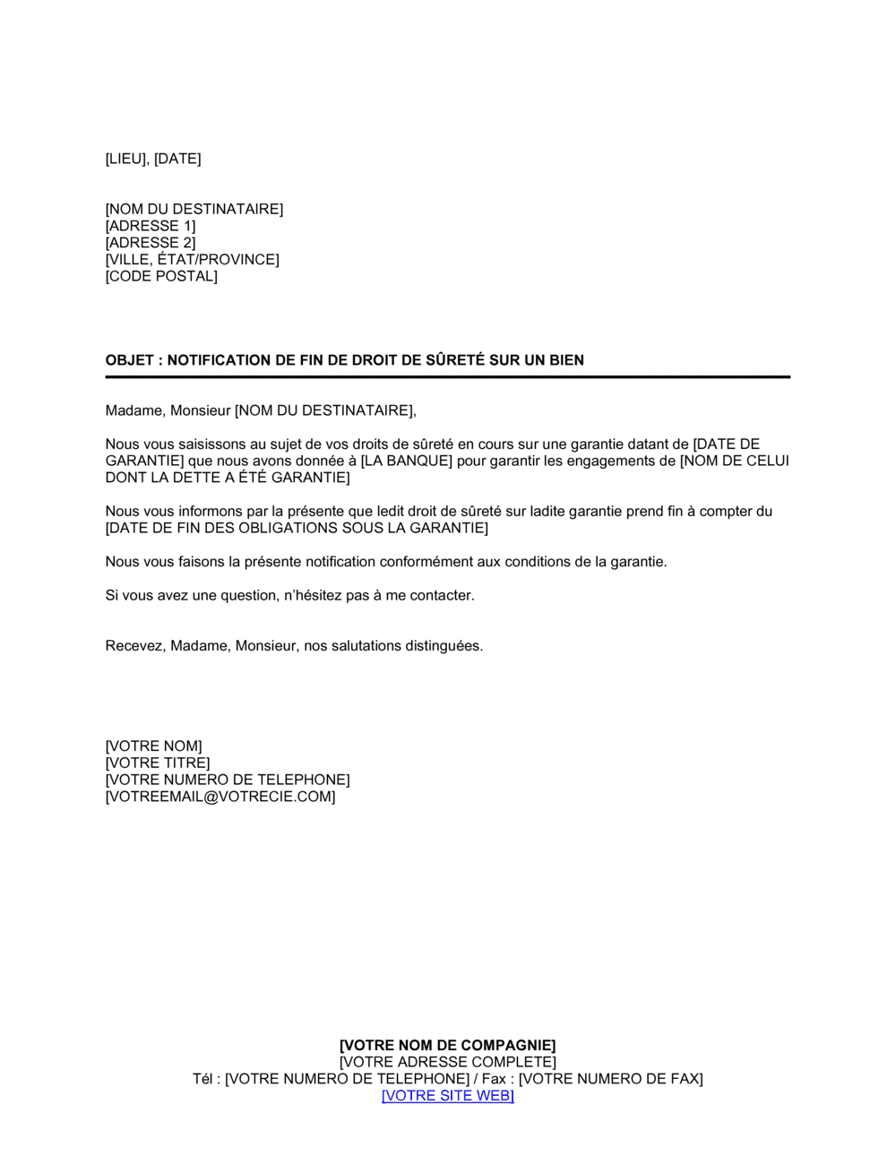 Business-in-a-Box's Notification de fin de droit de sûreté sur un bien