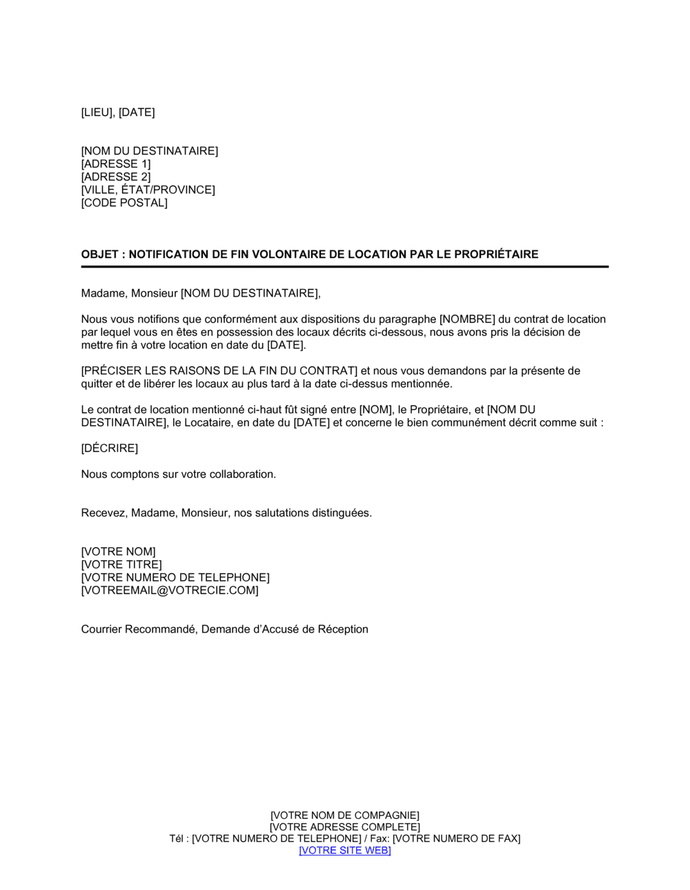 Business-in-a-Box's Notification de fin volontaire de location par le propriétaire