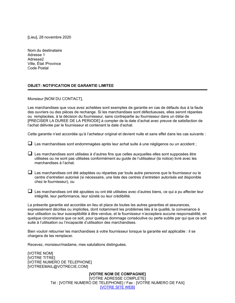 Business-in-a-Box's Notification de garantie limitée