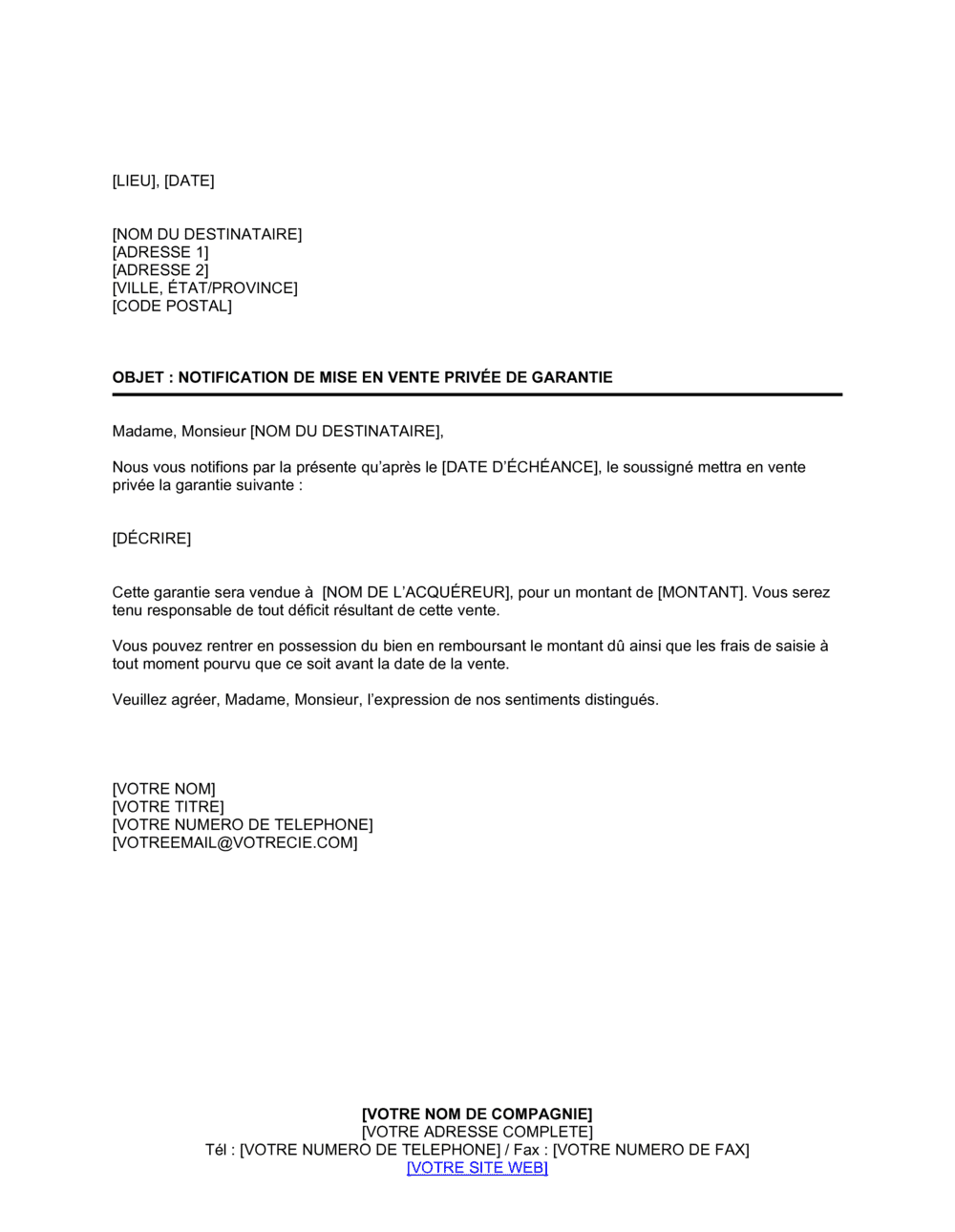 Business-in-a-Box's Notification de mise en vente privée de garantie