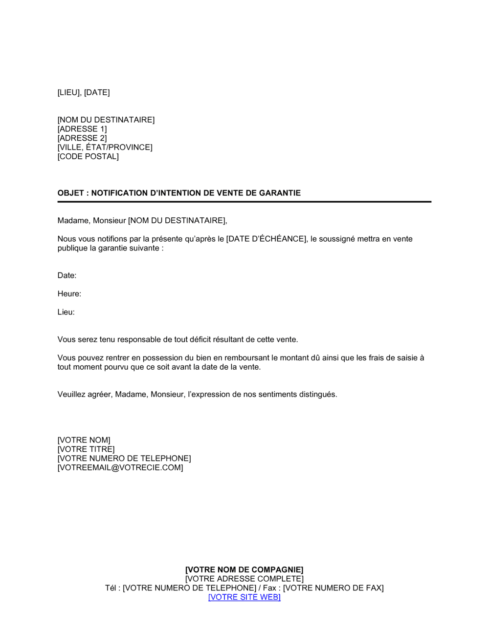 Business-in-a-Box's Notification de mise en vente publique de garantie