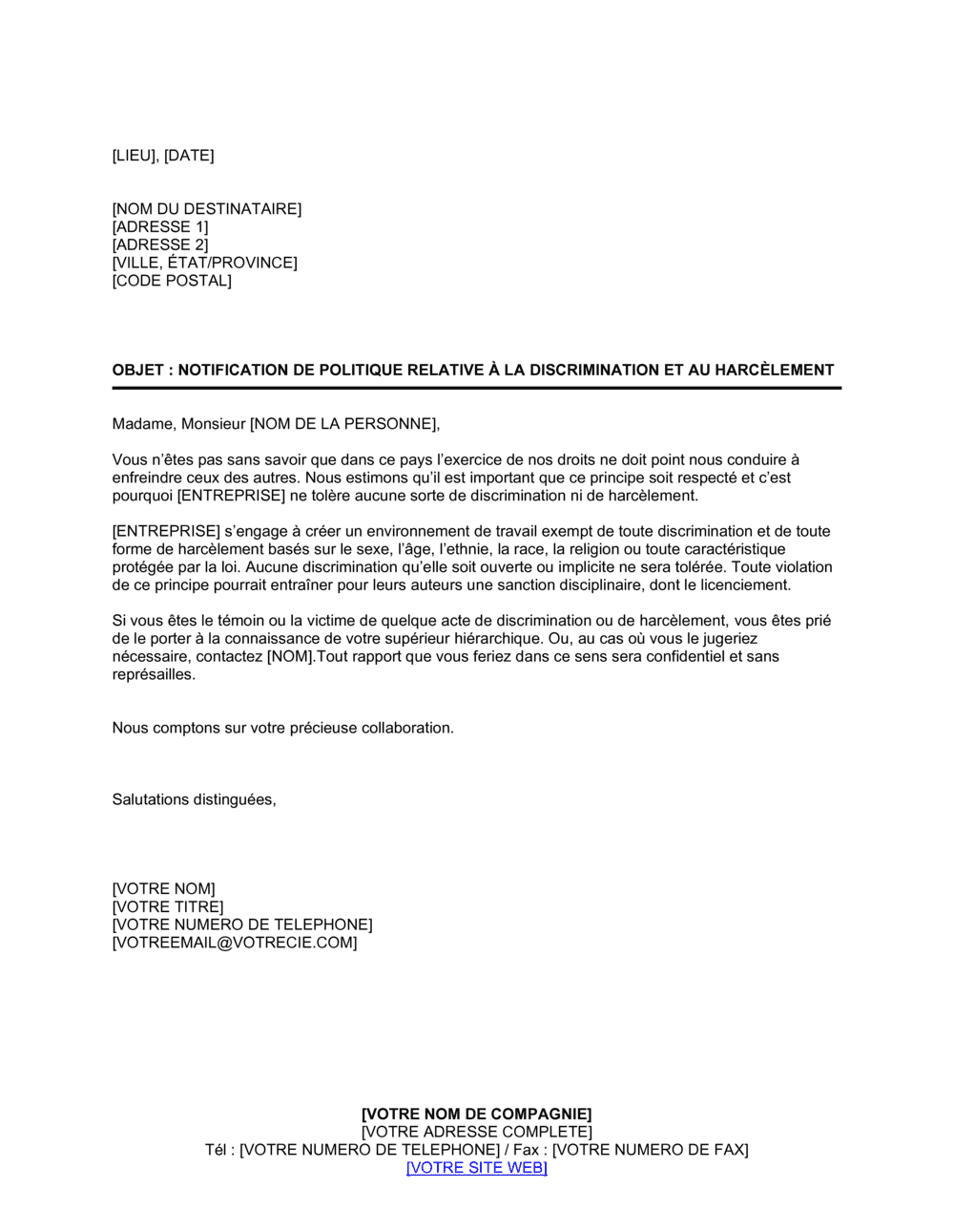 Business-in-a-Box's Notification de politique relative à la discrimination et au harcèlement