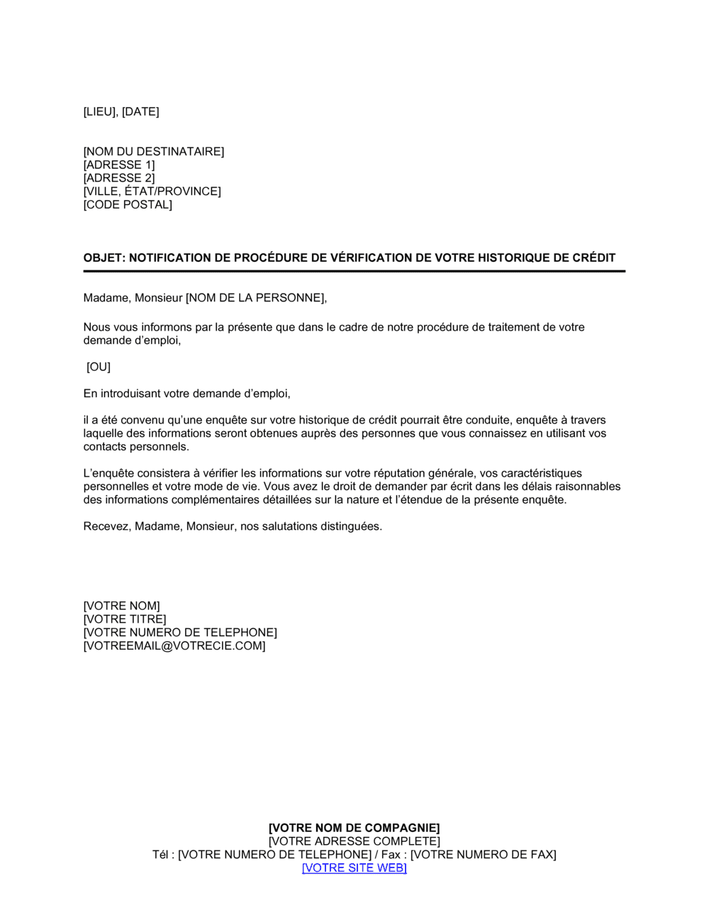 Business-in-a-Box's Notification de procédure de vérification d'historique de crédit