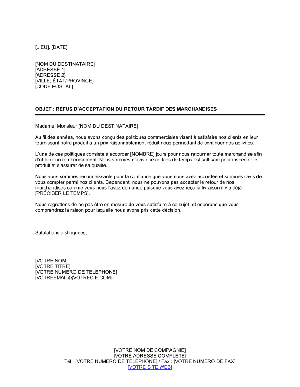 Business-in-a-Box's Notification de refus d'acceptation de retour tardif de marchandises