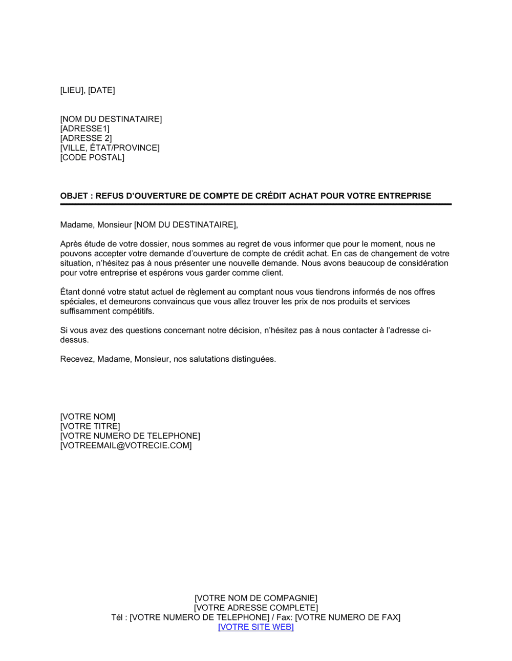 Business-in-a-Box's Notification de refus d'ouverture de compte de crédit d'achat