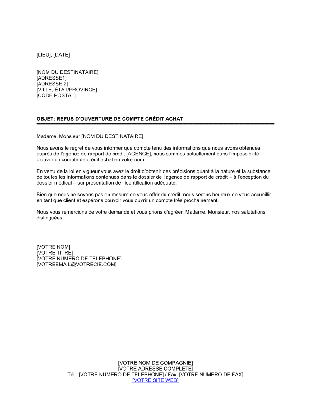 Business-in-a-Box's Notification de refus de compte d'achat à crédit à un particulier