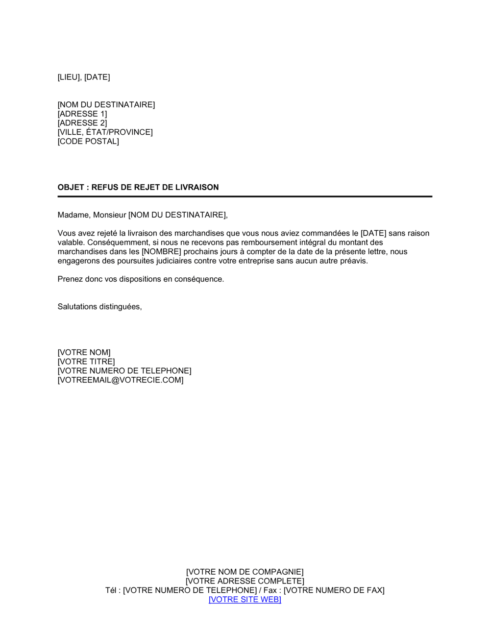 Business-in-a-Box's Notification de refus de rejet de marchandises