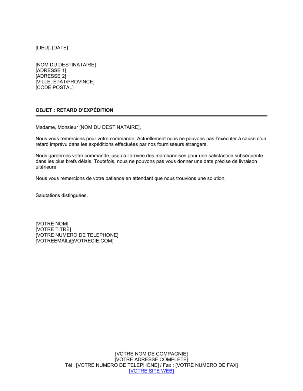 Business-in-a-Box's Notification de retard d'expédition de marchandises