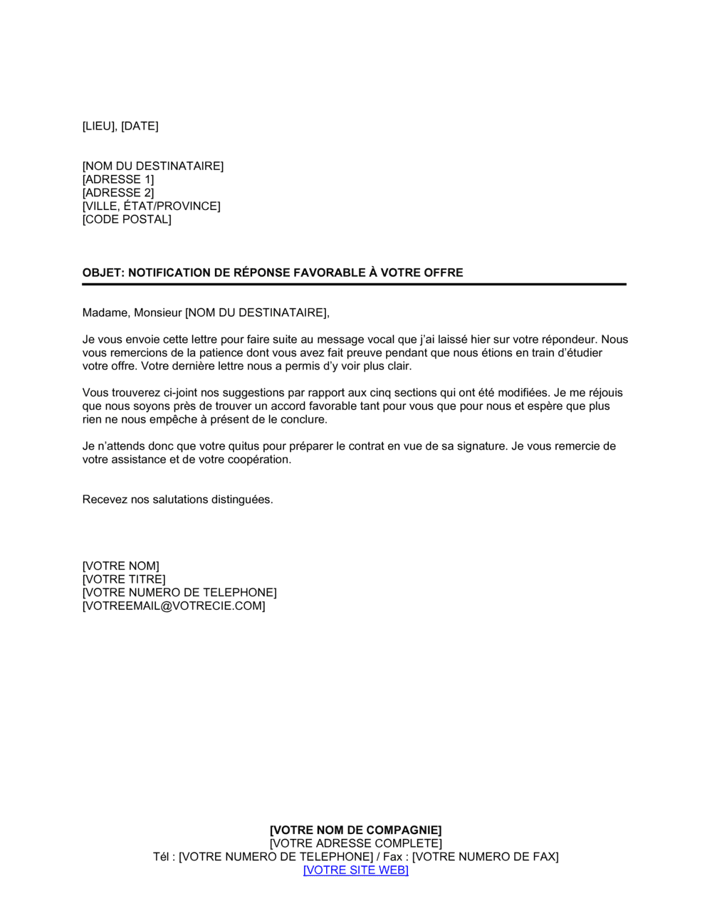 Business-in-a-Box's Notification de réponse favorable à une offre