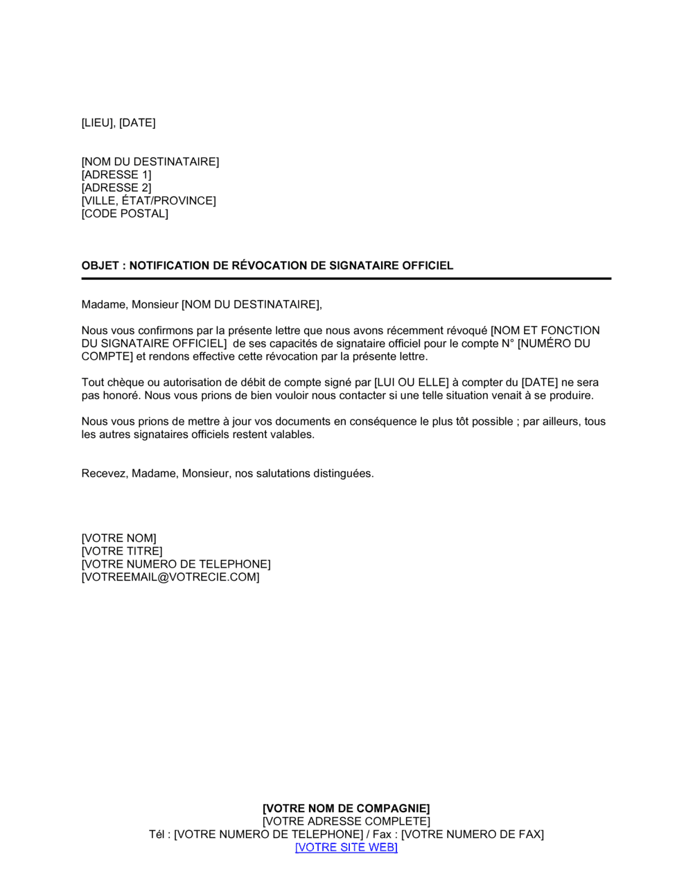 Business-in-a-Box's Notification de révocation de signataire officiel