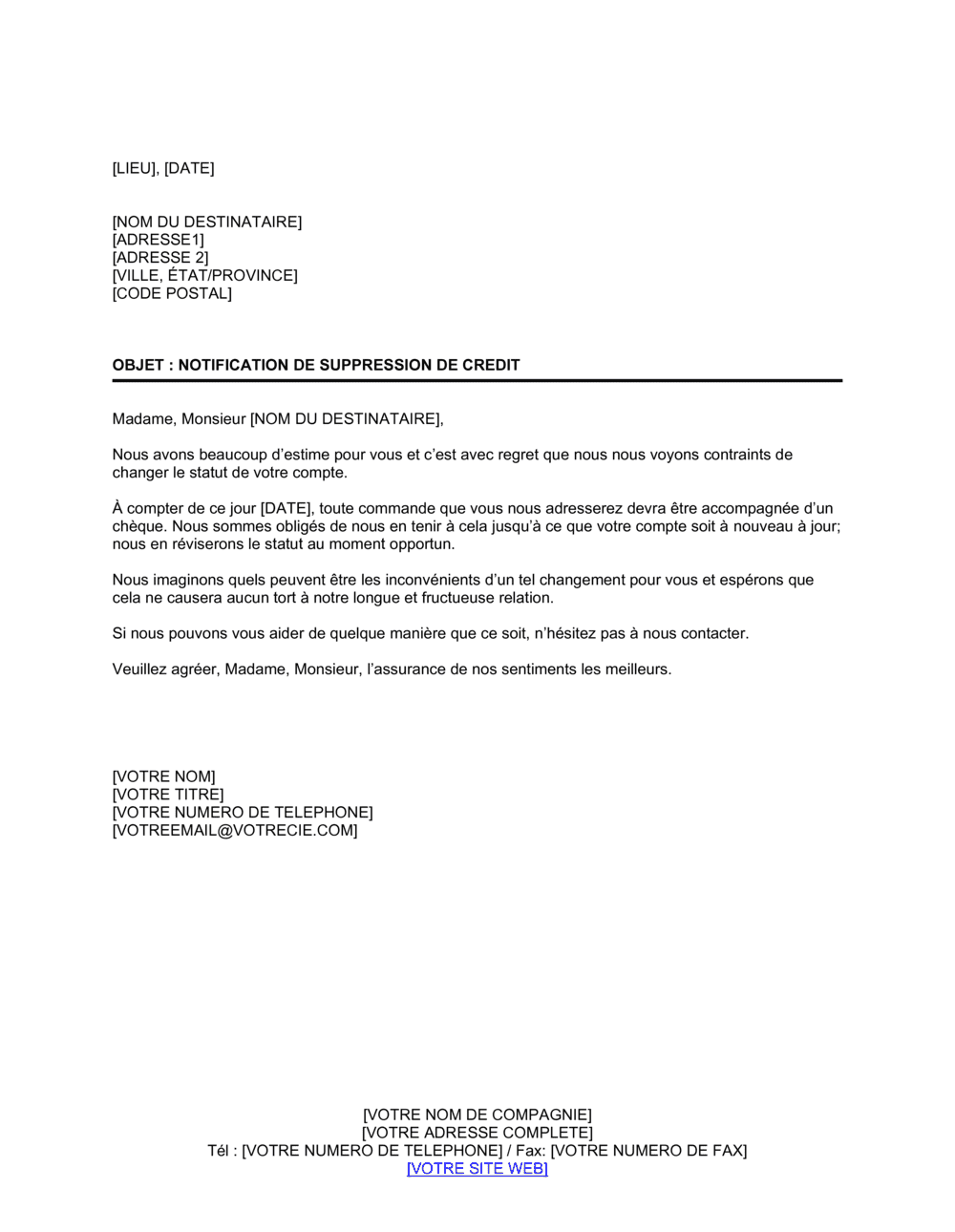 Business-in-a-Box's Notification de suppression de crédit sur un compte