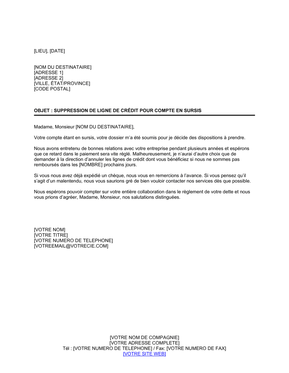 Business-in-a-Box's Notification de suppression de crédit sur un compte en sursis