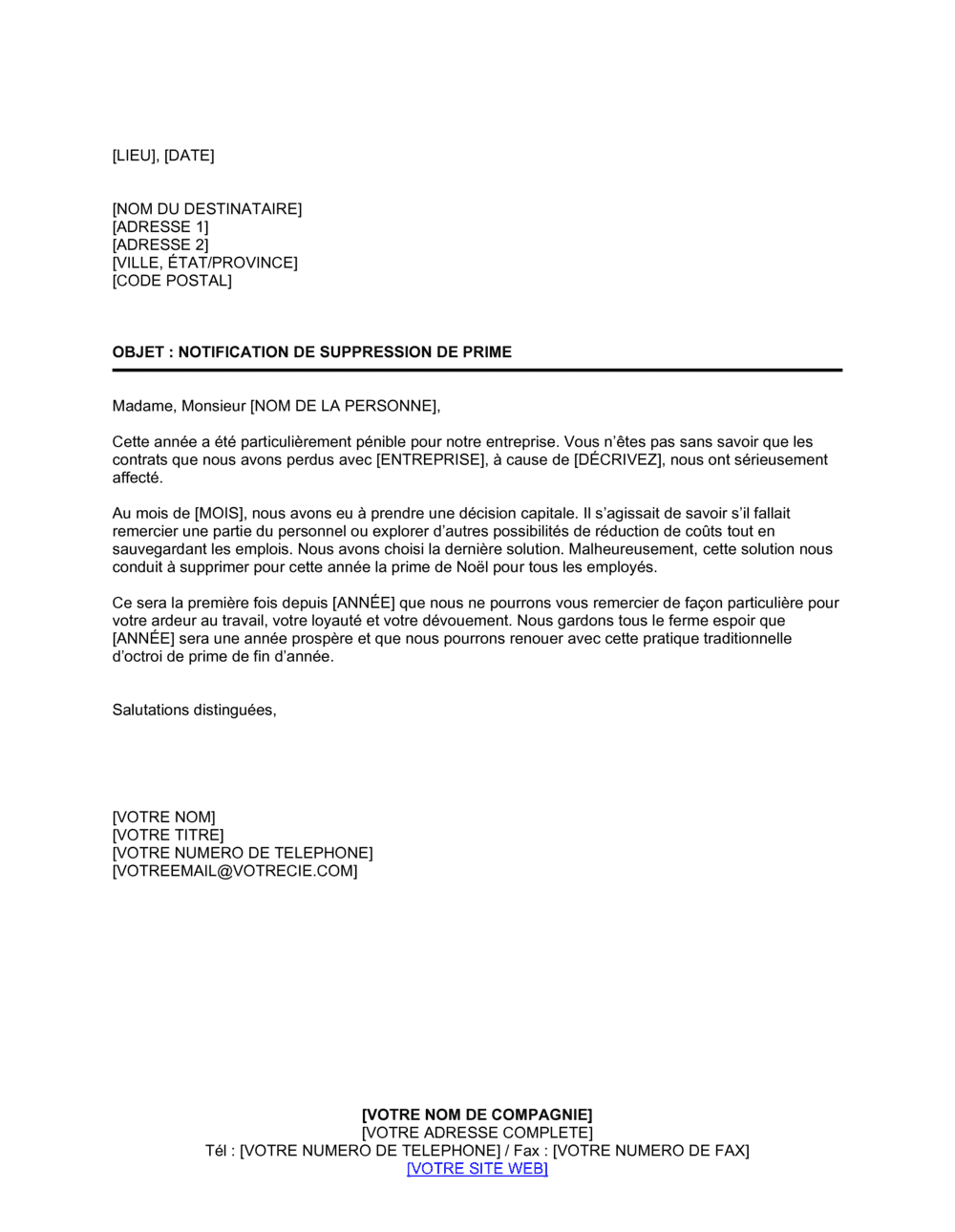 Business-in-a-Box's Notification de suppression de prime