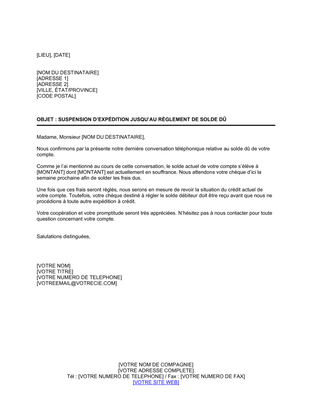 Business-in-a-Box's Notification de suspension d'expédition jusqu'au règlement du solde