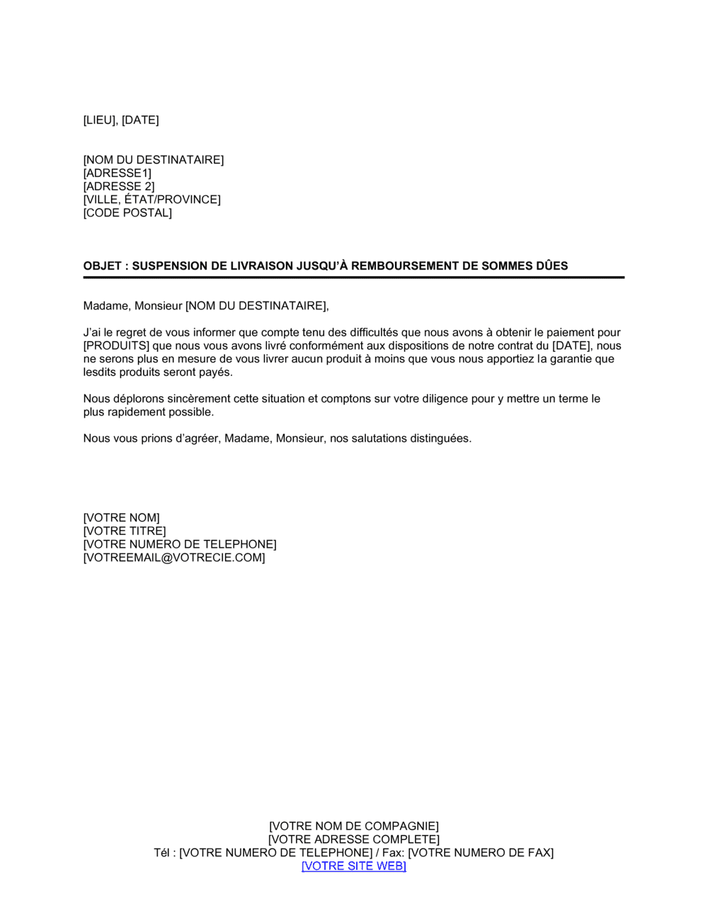 Business-in-a-Box's Notification de suspension de livraison avant réception de paiement