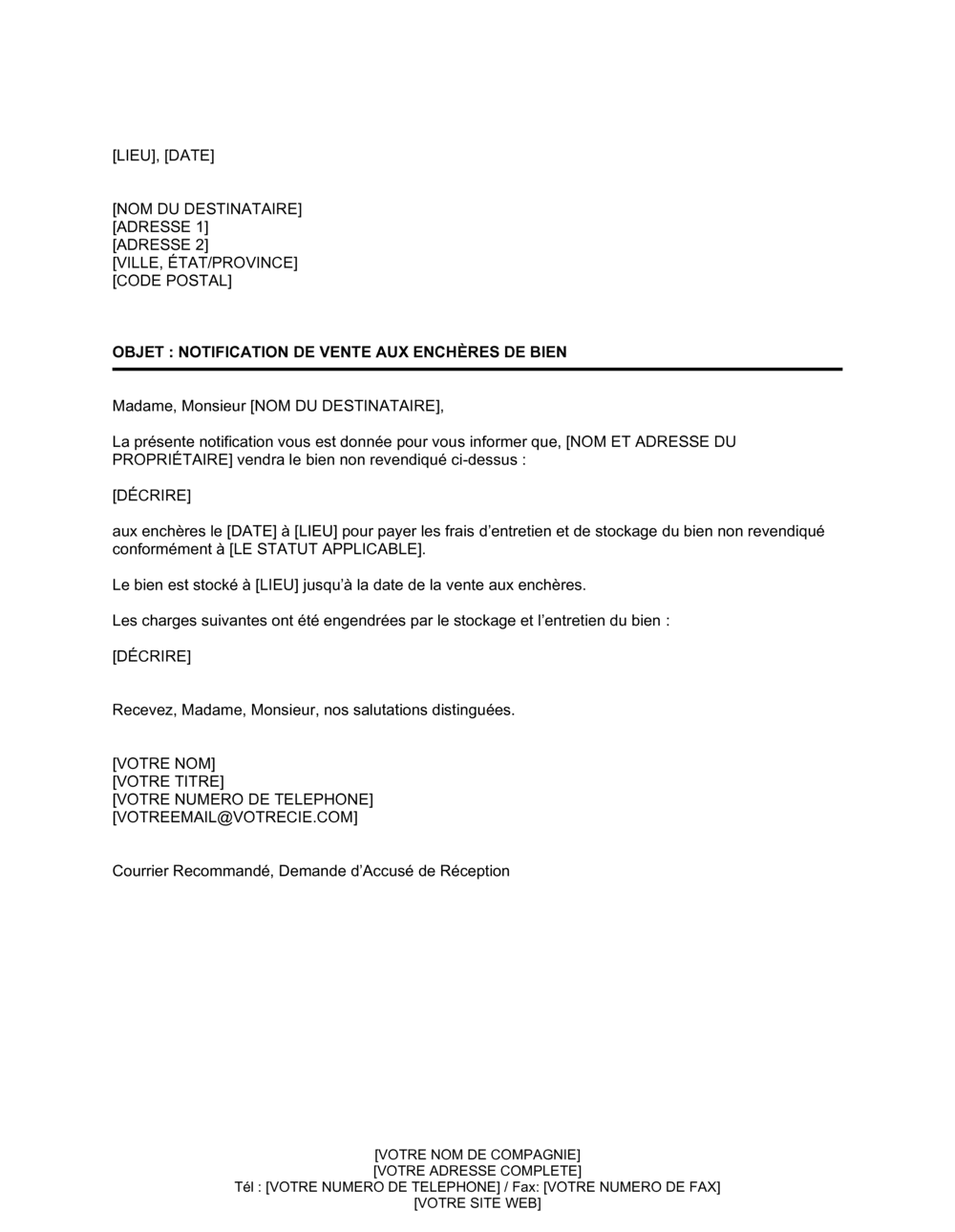 Business-in-a-Box's Notification de vente aux enchères de bien