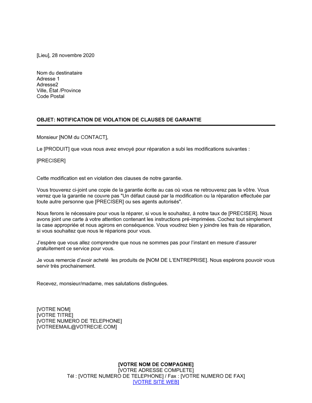 Business-in-a-Box's Notification de violation de clause de garantie