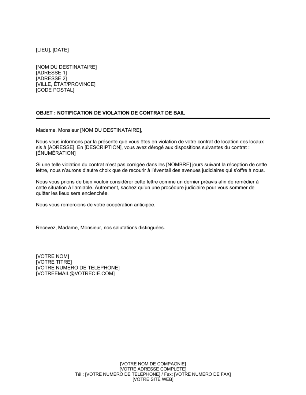 Business-in-a-Box's Notification de violation de contrat de location