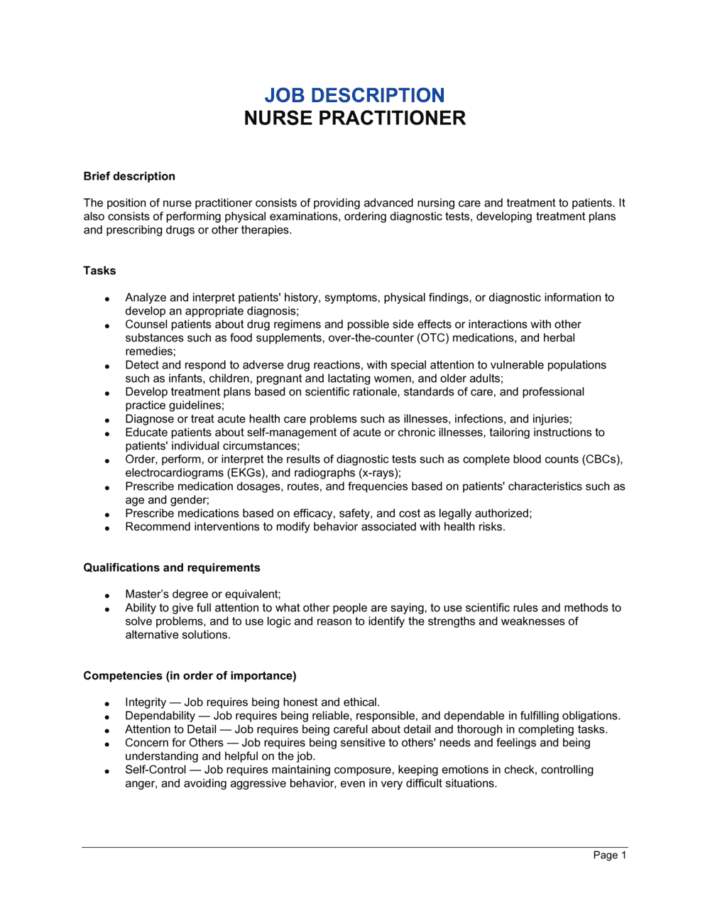 Specialist nurse practitioner job description