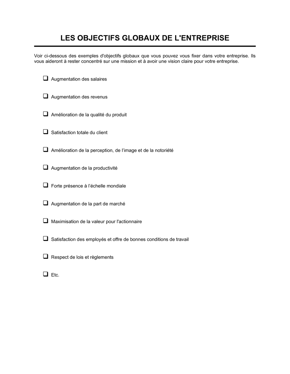 Business-in-a-Box's Objectifs globaux de l'entreprise