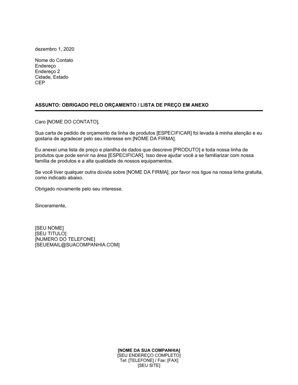 Business-in-a-Box's Obrigado pelo Seu Pedido Lista de Preço Anexa