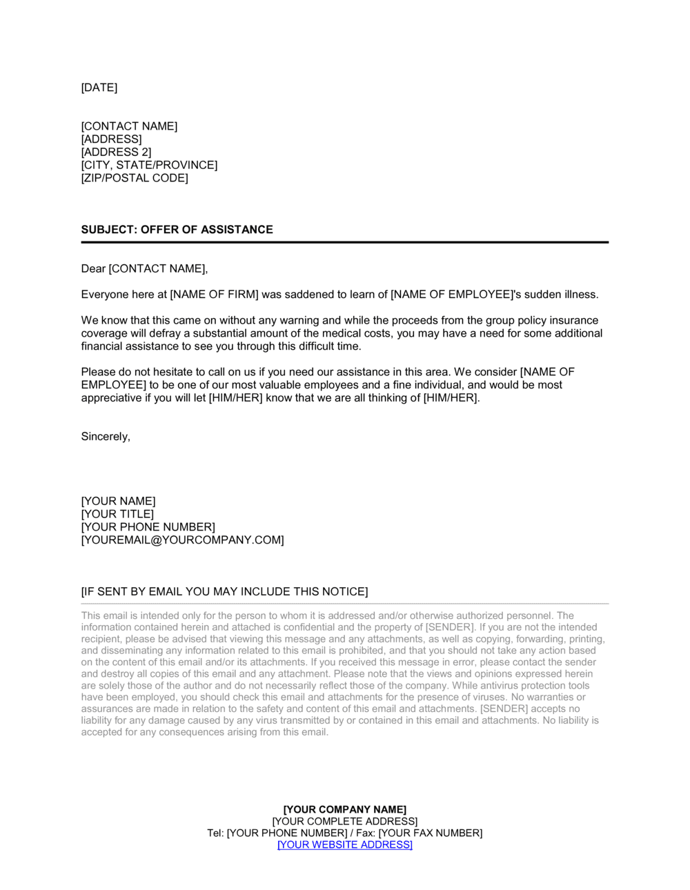 Business-in-a-Box's Offer of Assistance to Family During Employee Illness Template