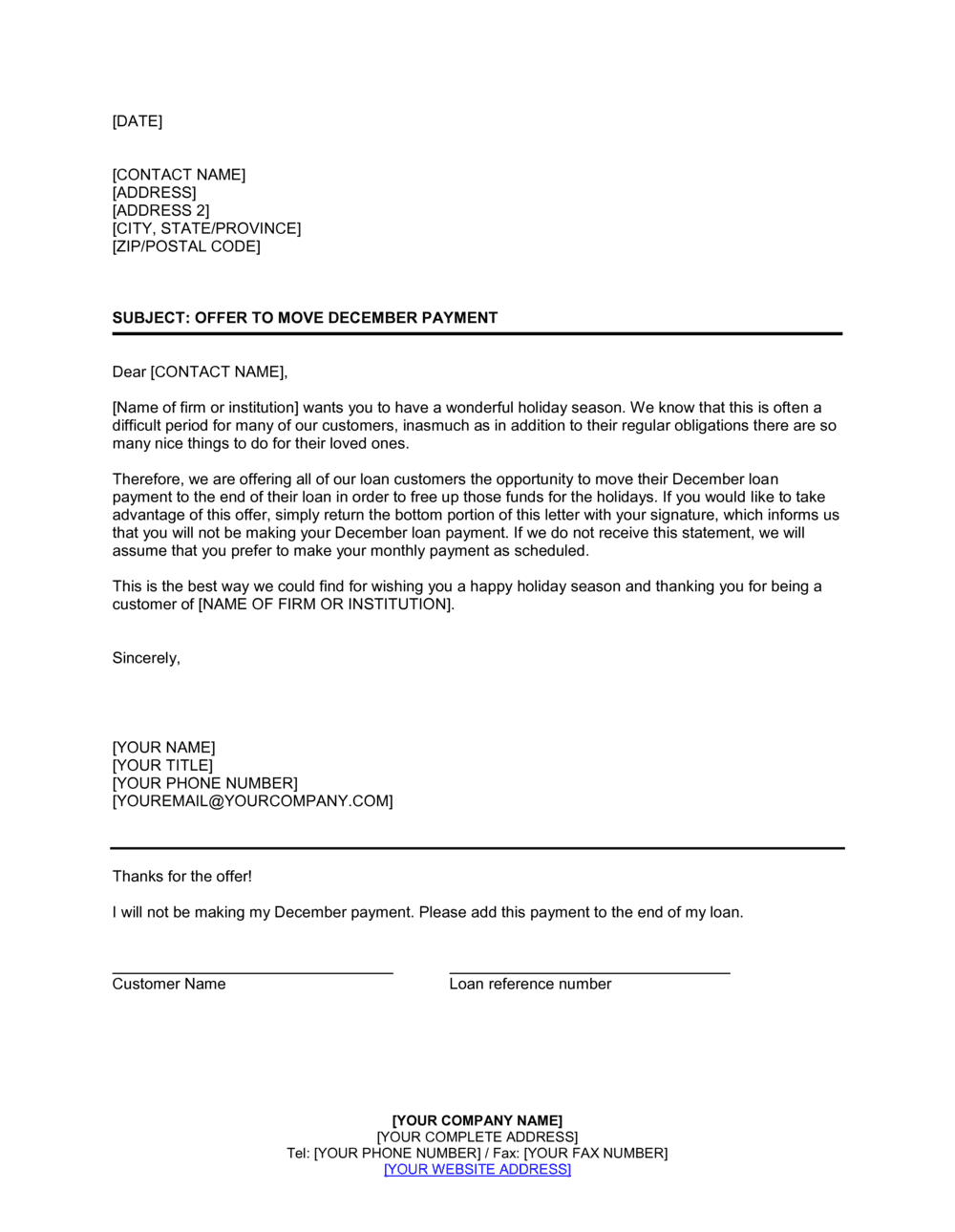 Business-in-a-Box's Offer to Loan Customers to Move December Payment Template