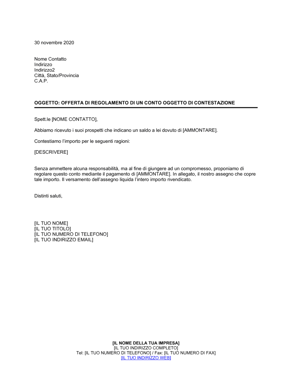 Business-in-a-Box's Offerta di regolamento di un conto oggetto di contestazione