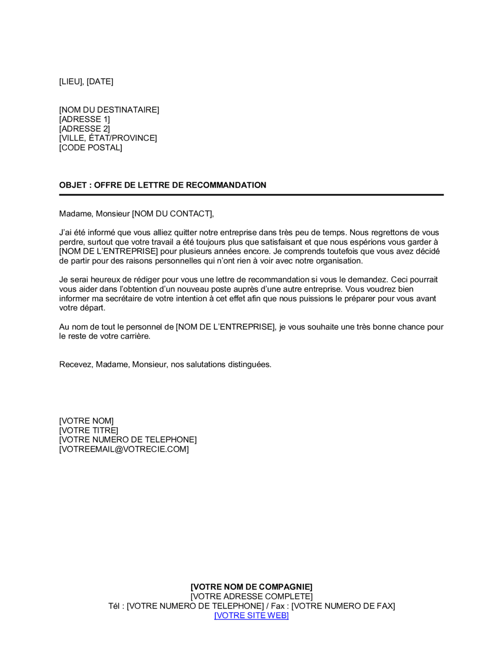 Business-in-a-Box's Offre de lettre de recommandation à un employé partant