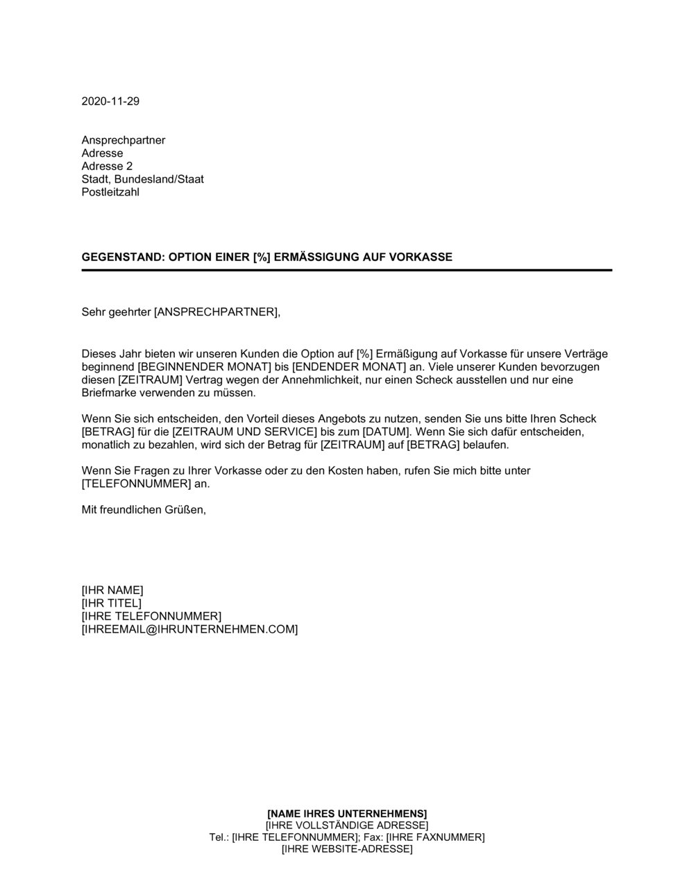 Business-in-a-Box's Option einer (%) Ermässigung auf Vorkasse