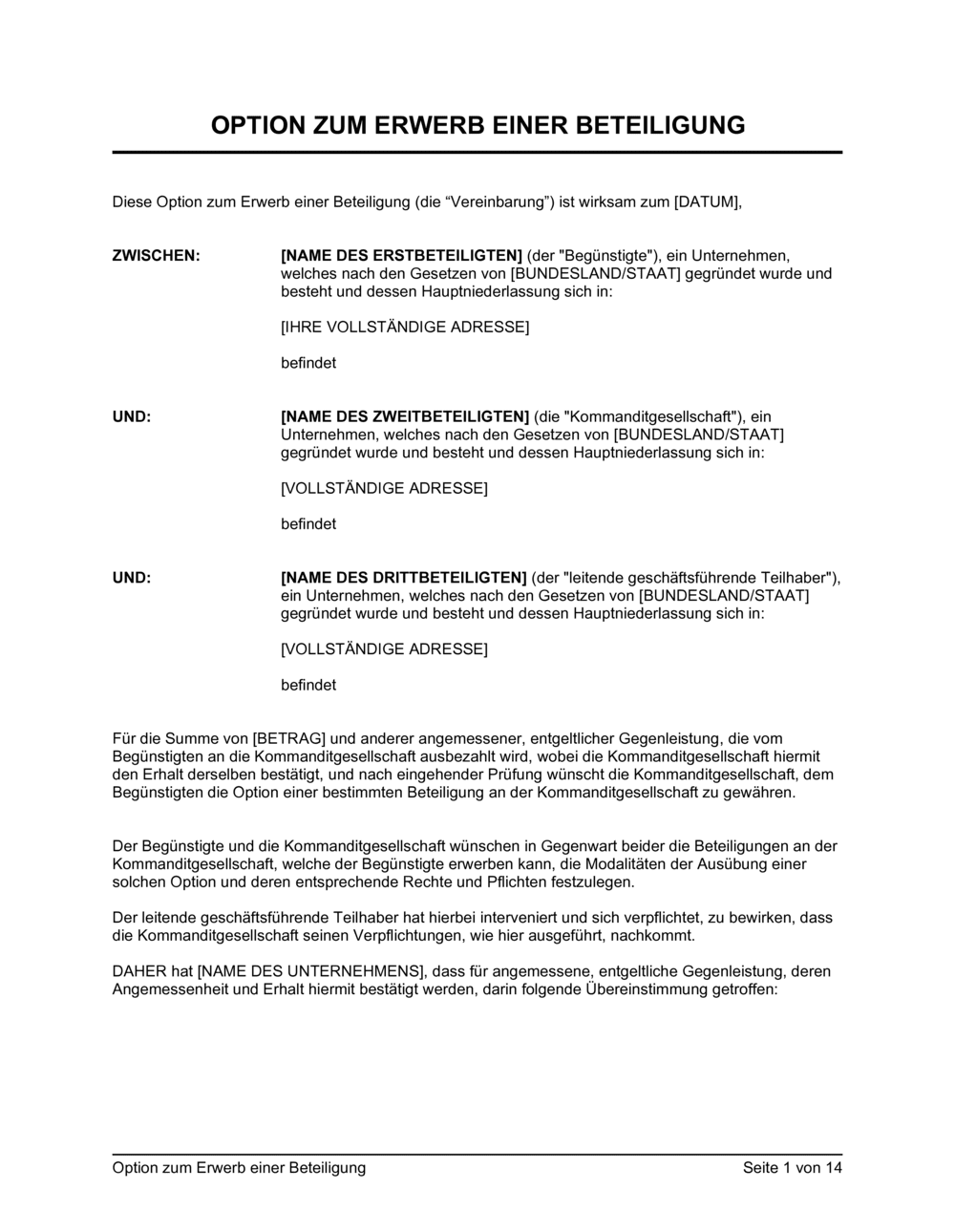 Business-in-a-Box's Option zum Erwerb einer Beteiligung