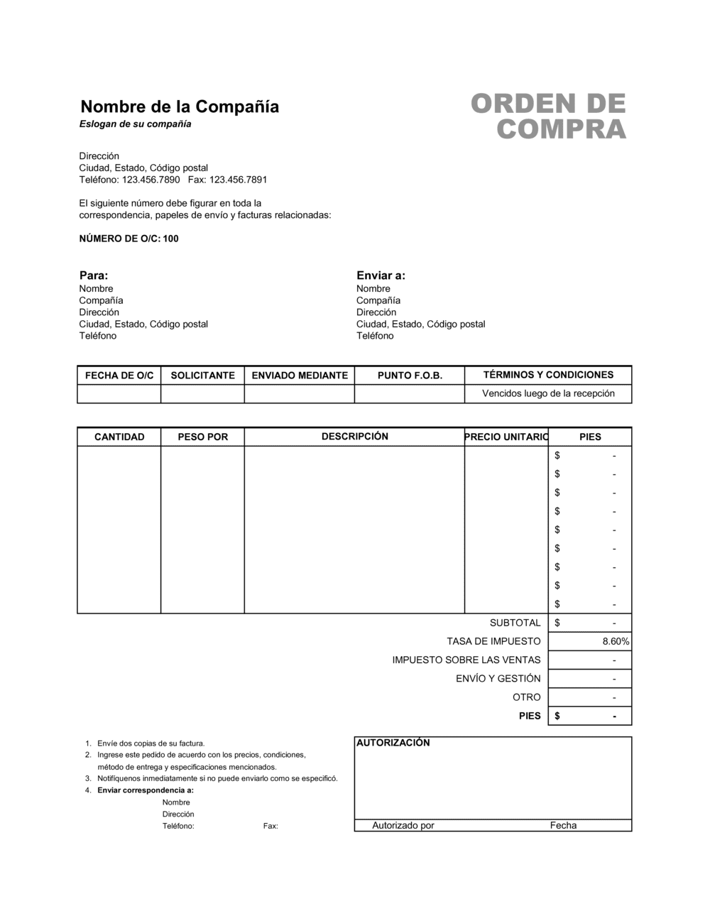 Business-in-a-Box's Orden de compra - Excel