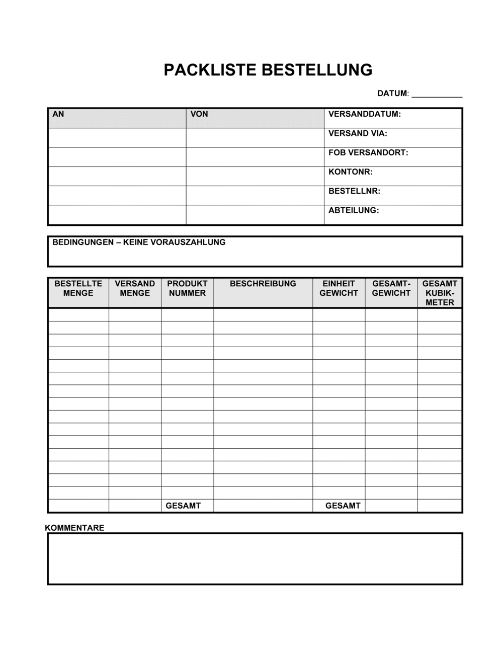 Business-in-a-Box's Packliste Bestellung