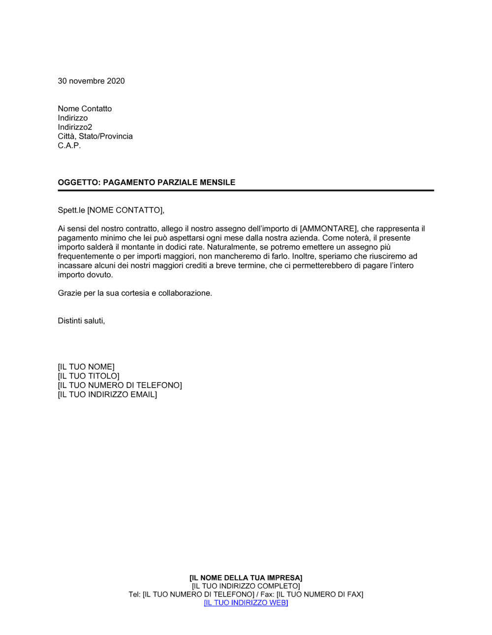 Business-in-a-Box's Pagamento parziale mensile al creditore