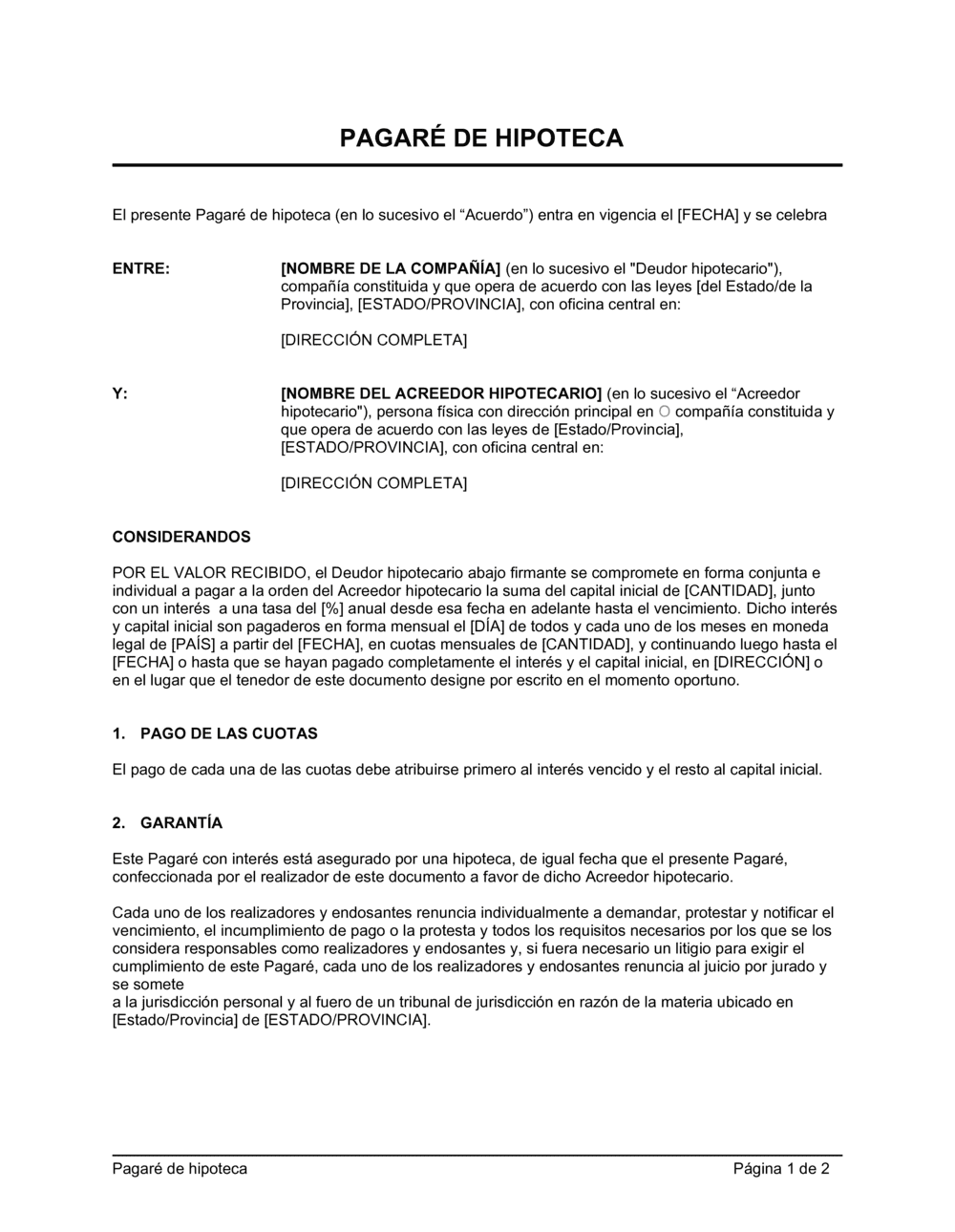 Business-in-a-Box's Pagaré de hipoteca