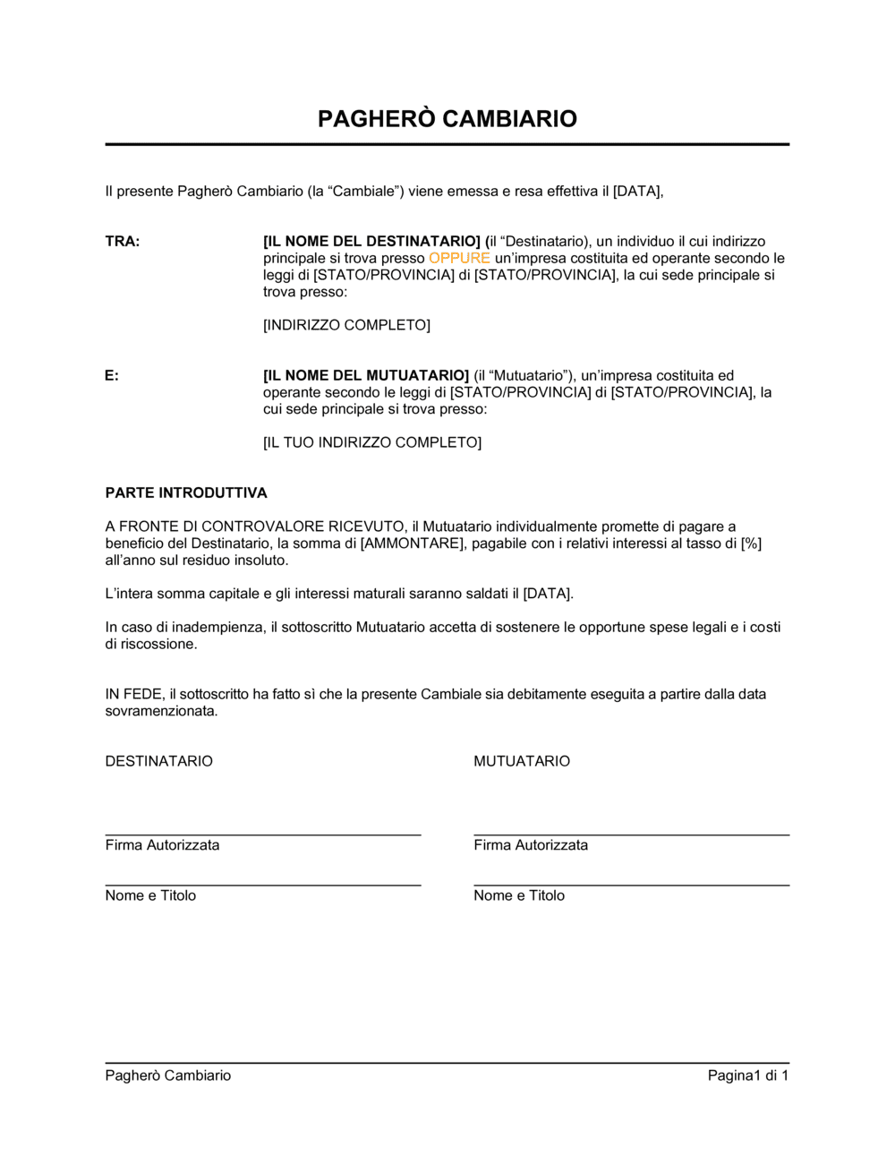 Business-in-a-Box's Pagherò cambiario a tempo