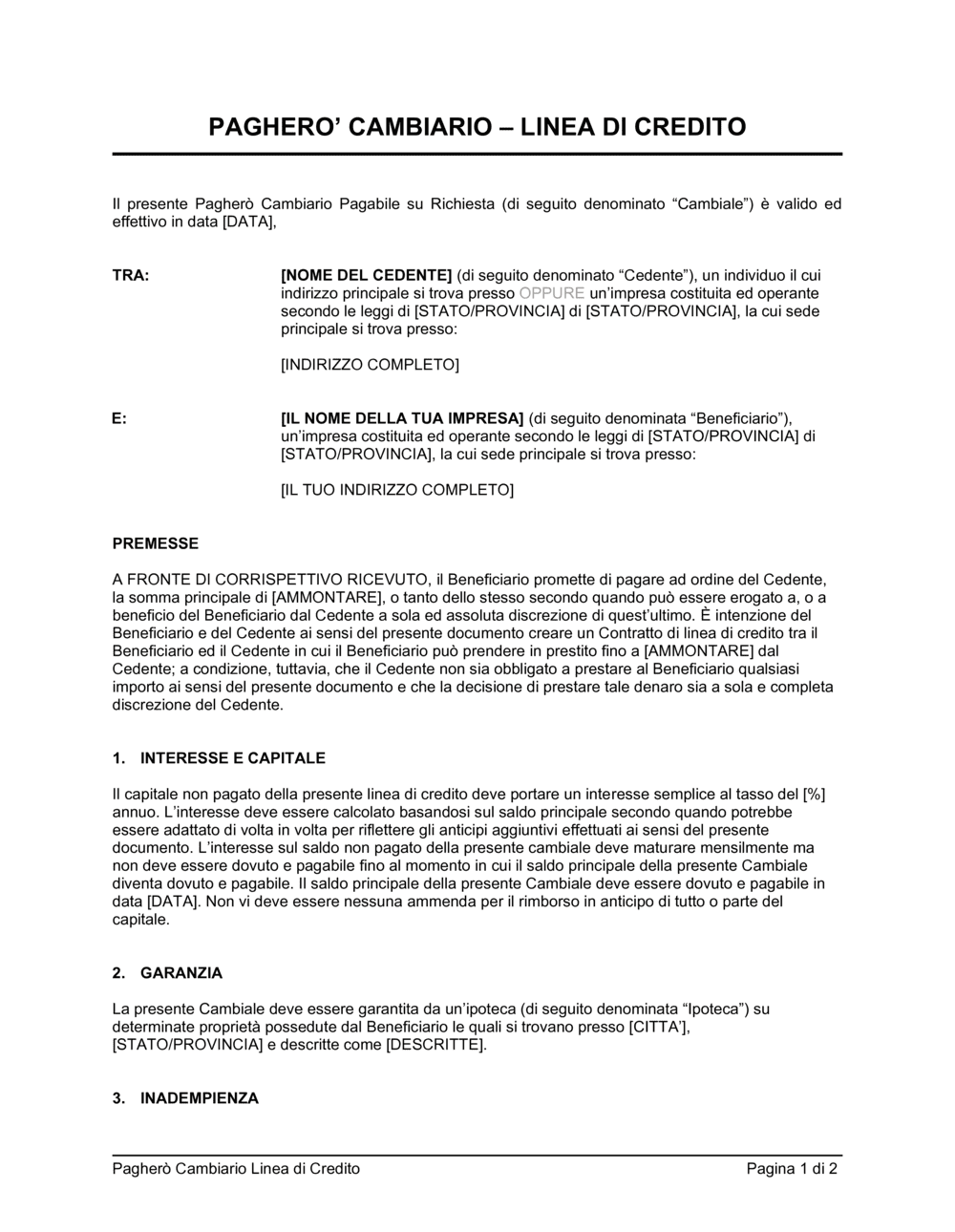 Business-in-a-Box's Pagherò cambiario linea di credito