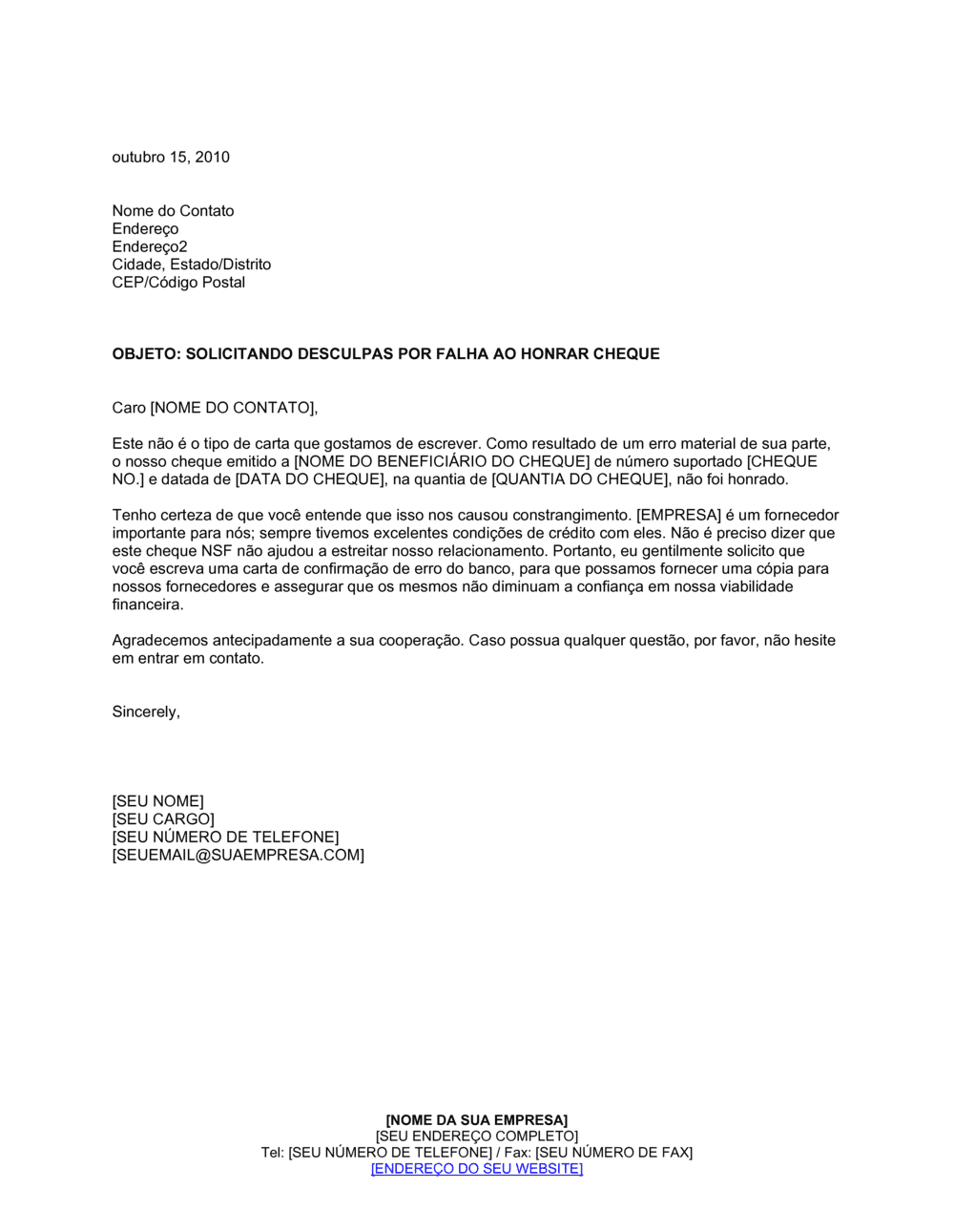 Business-in-a-Box's Pedido de Desculpas pelo Cheque NSF devido a Erro