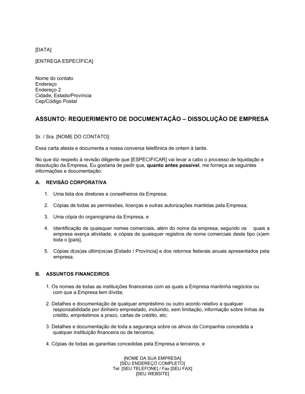 Business-in-a-Box's Pedido de Documentação Dissolução da Companhia
