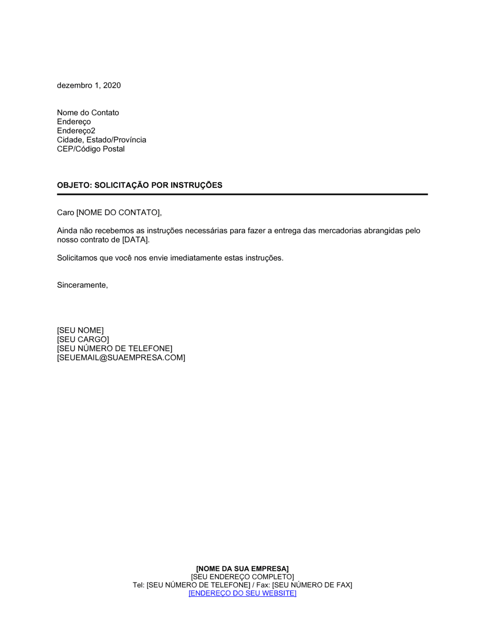 Business-in-a-Box's Pedido de Instruções de Envio